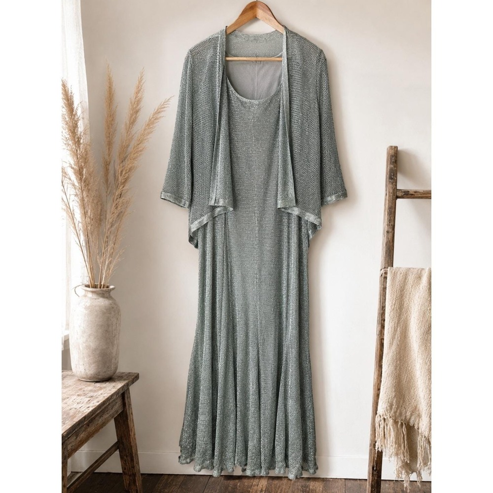 Damianou Silver Metallic Mesh Maxi Dress and Jacket Set XL Formal Evening Gown
